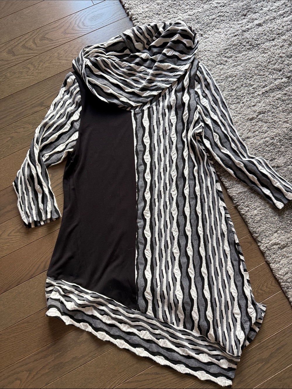 Women’s Black & White Striped Cowl Neck Tunic Top